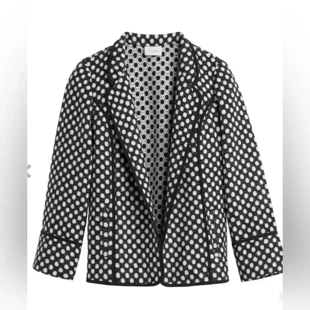 Chicos Polka Dot Plush Jacket Open Front Pockets Black White Collared - Picture 1 of 14